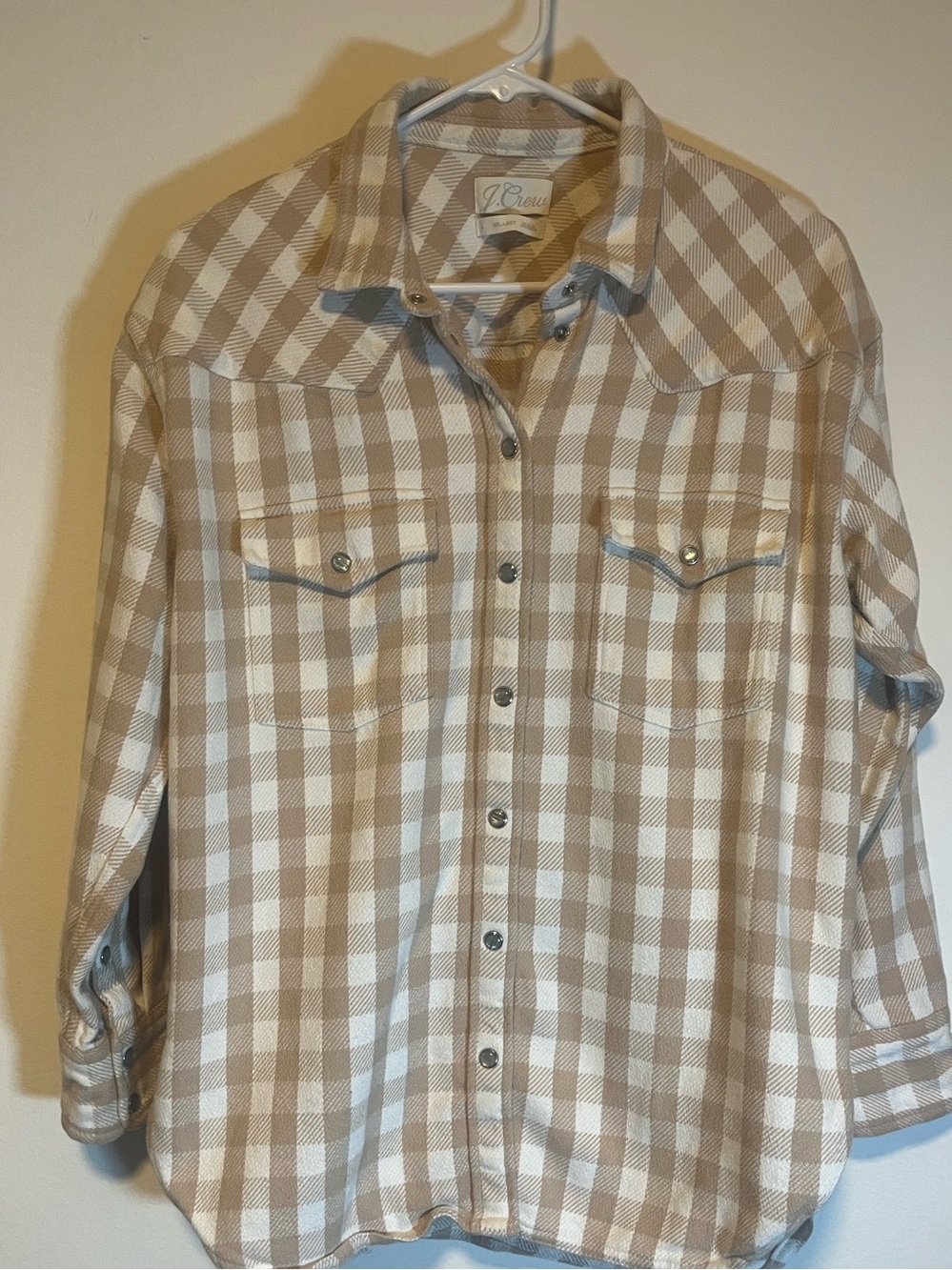 J. Crew Beige and White Plaid women’s Button-Up Shirt